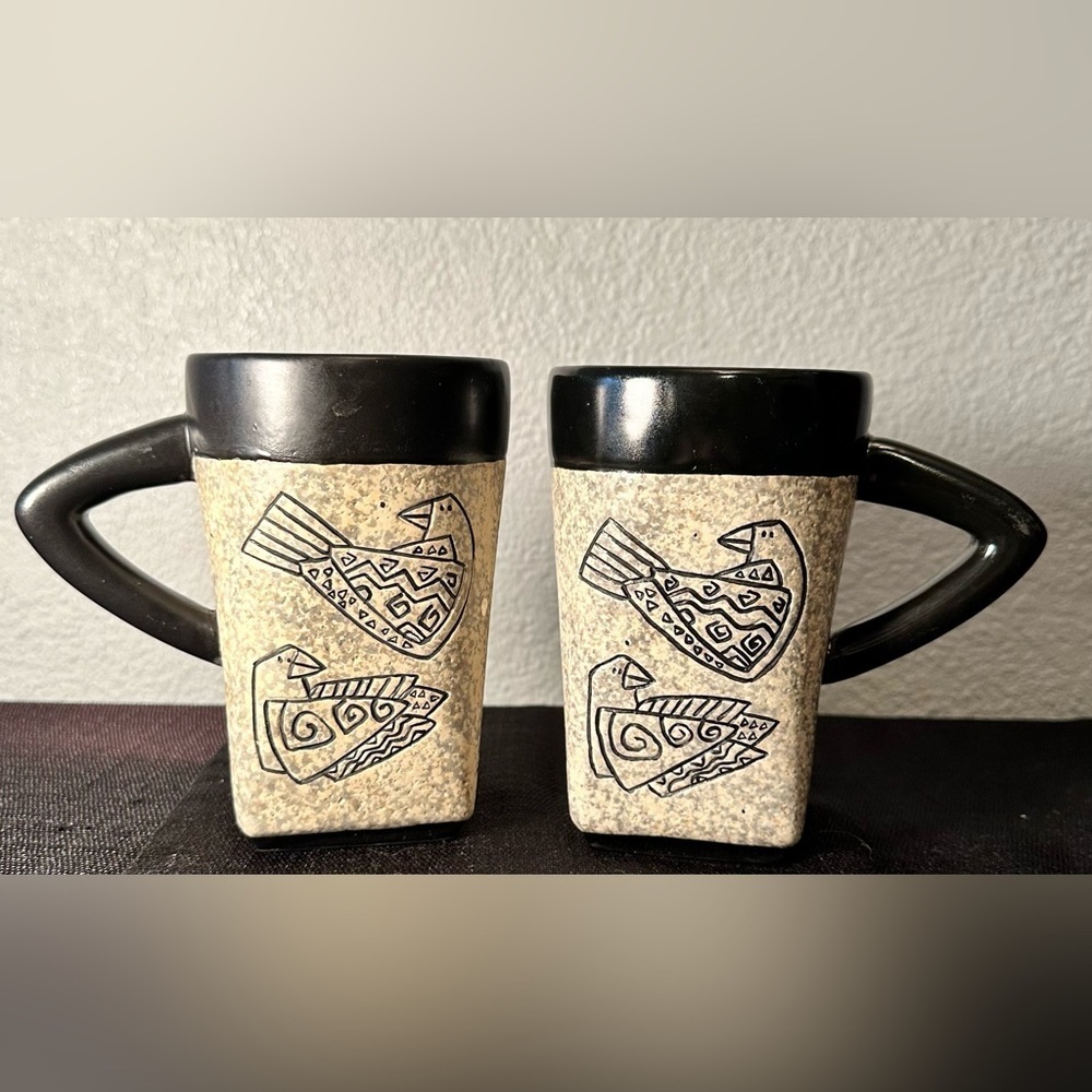 Two 5" Laurel Burch for Bella Casa Stoneware Coffee Tea Mug Birds - Signature